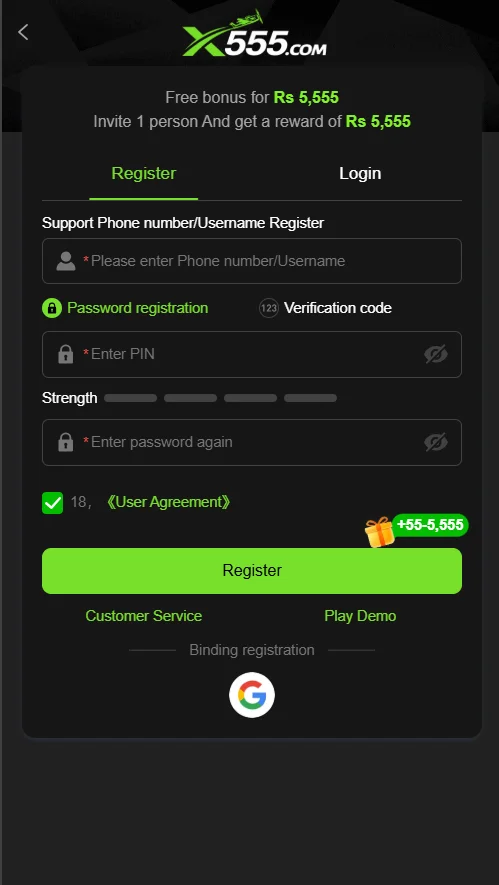 x555 Game Login page