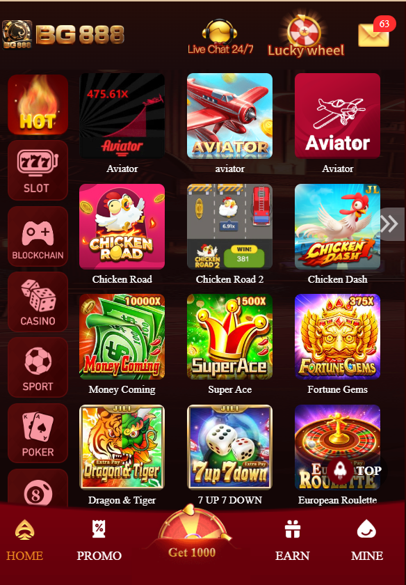 BG888 Game Home screen