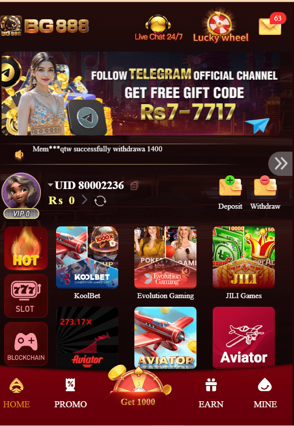 BG888 Game Home screen