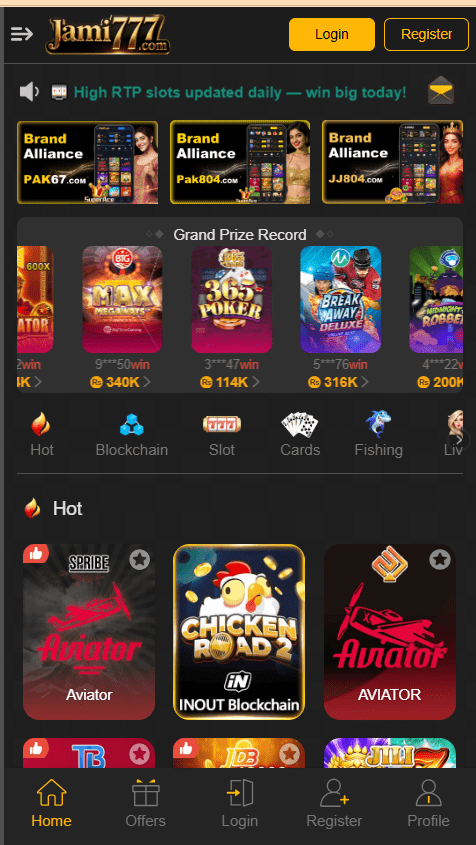 Jami777 home screen interface