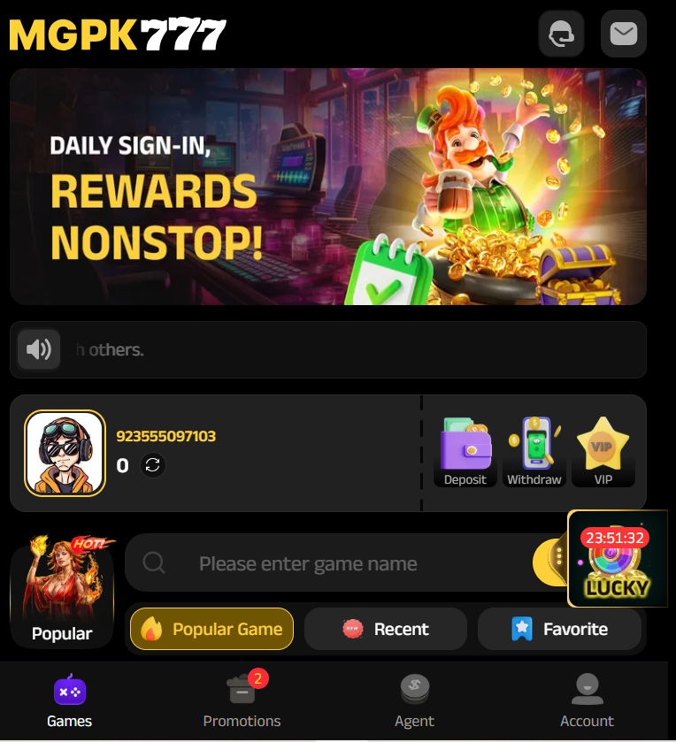 MGPK777 Home Screen