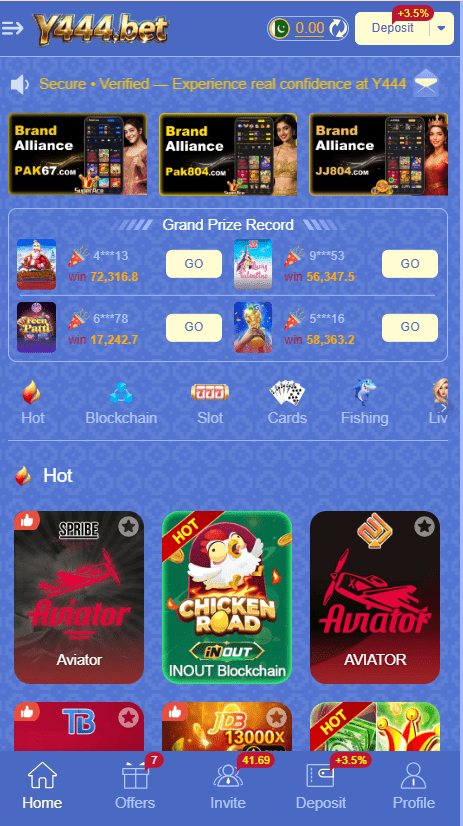 Y444.bet Game Home Screen