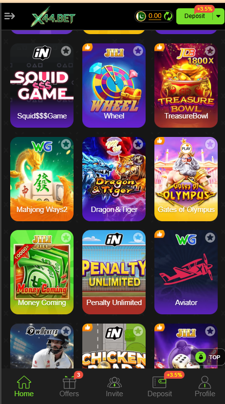 X44.Bet Game Home Screen