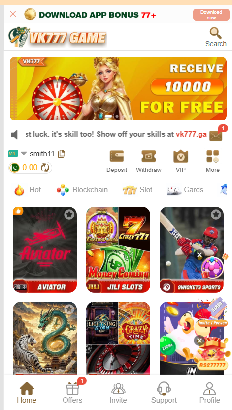 VK777 Game Home Screen