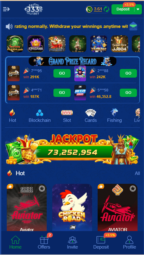 J33 Bet Game Home Screen 