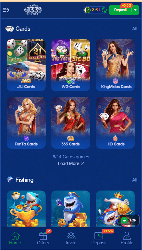 J33 Bet Game Home Screen