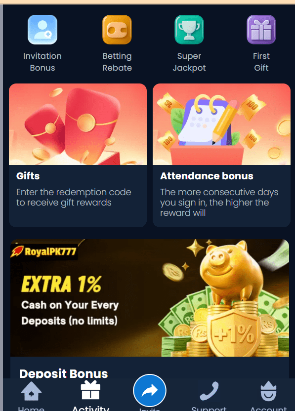 Royalpk777 Game Home Screen