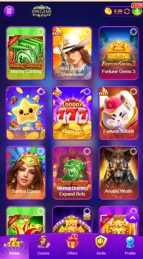 X99 Game Home Screen