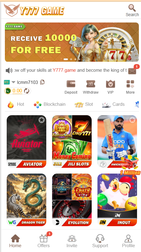 Y777 Game Home Screen