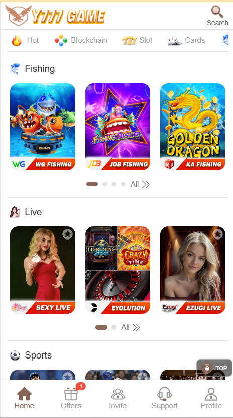 Y777 Game Home Screen