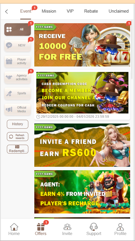 Y777 Game Home Screen