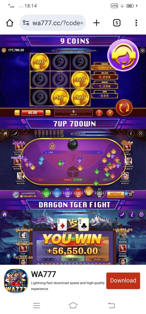 WA777 Game Home Screen