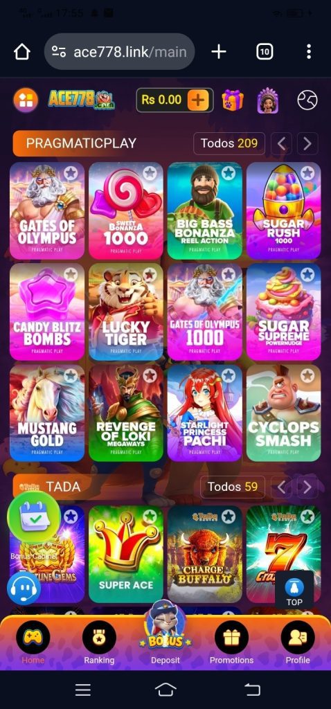 Ace778 game Home Screen