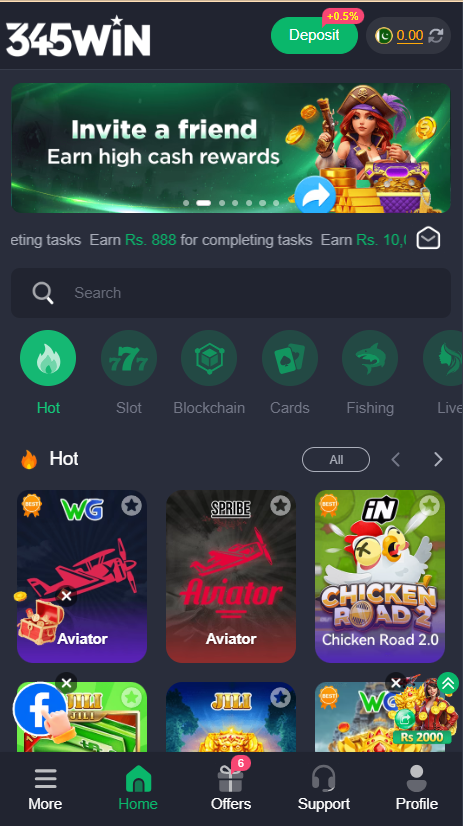 345 Win Game Home Screen