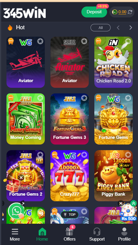 345 Win Game Home Screen