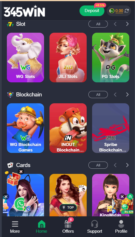 345 Win Game Home Screen