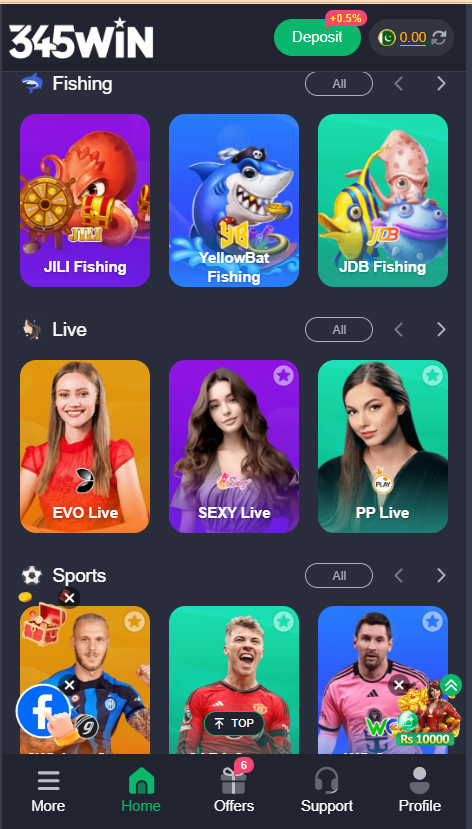 345 Win Game Home Screen