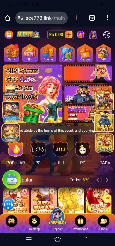 Ace778 game Home Screen