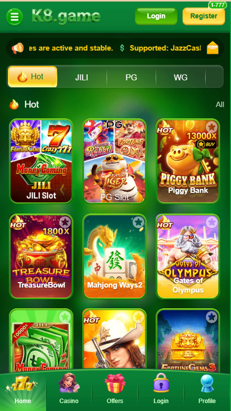 K8 Game home screen interface on Android phone