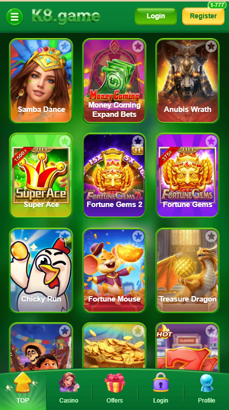 Top games section inside K8 Game app