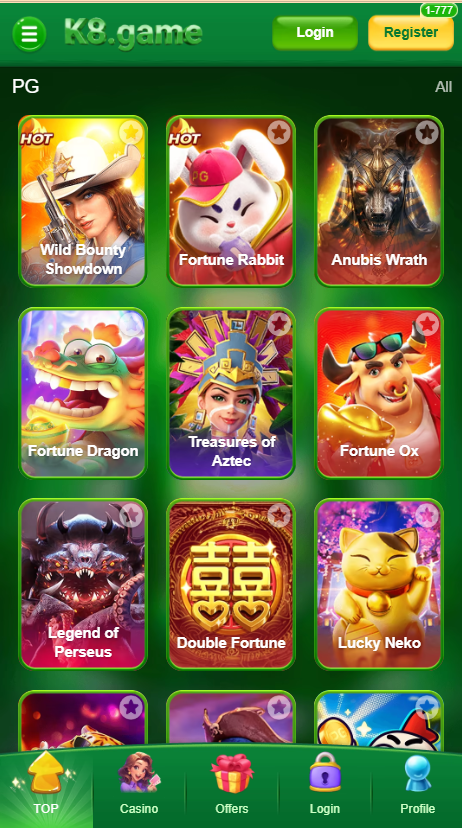 Top games section inside K8 Game app