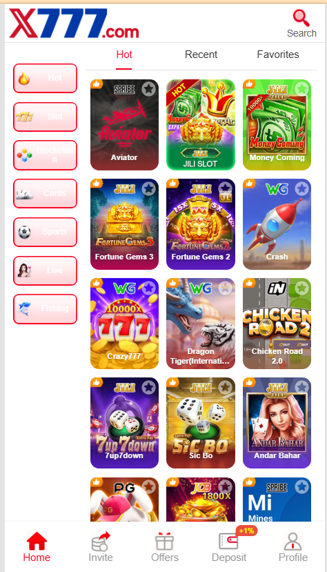 X777 Game Home Screen