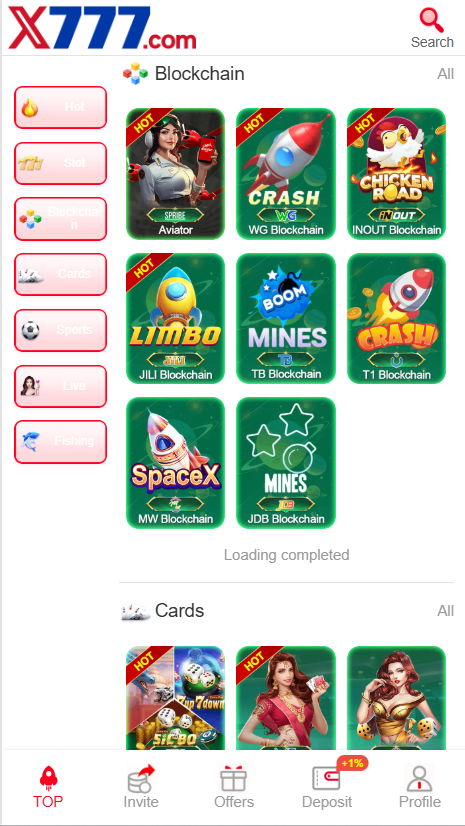 X777 Game Home Screen