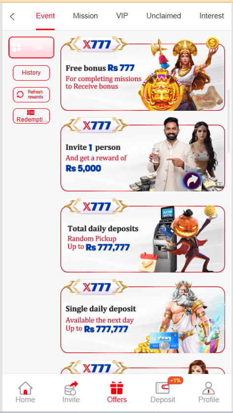 X777 Game Home Screen