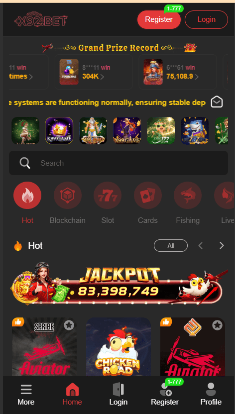 X92 Bet Game Home Screen