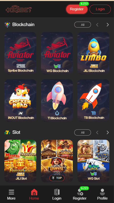 X92 Bet Game Home Screen