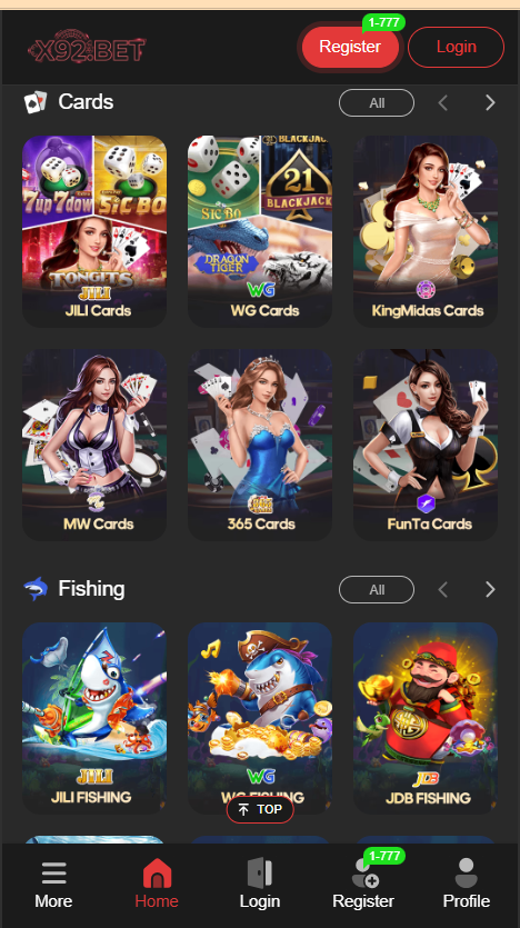 X92 Bet Game Home Screen