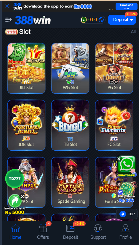 388 Win Game Home Screen