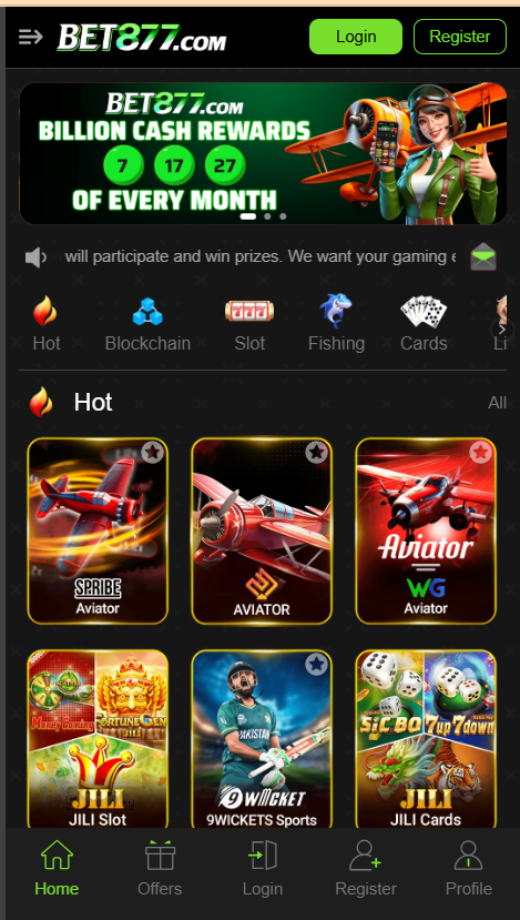 Bet877 Game Home Screen