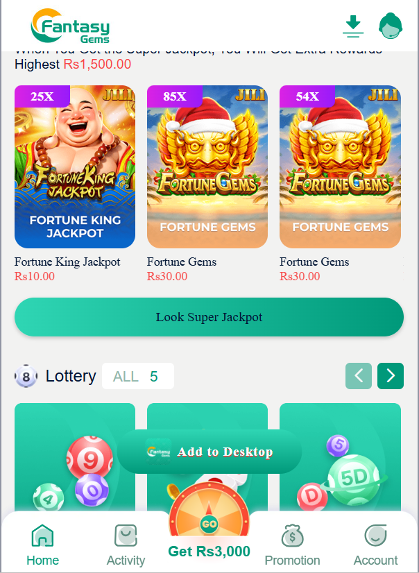 Fantasy Gems Game Home Screen
