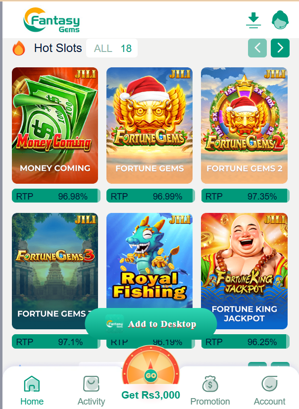 Fantasy Gems Game Home Screen