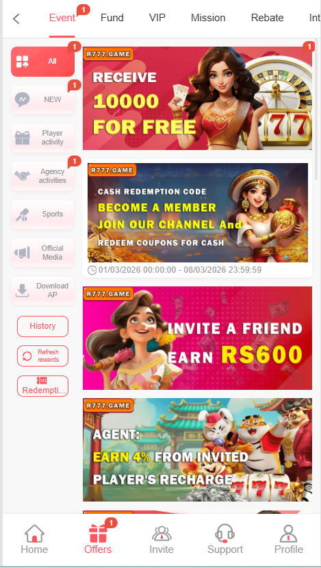 R777 Game Home Screen